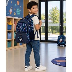 Babyhug 16 Inches Galaxy Astronaut Theme Backpack | 2 Main Compartments, 3 Front Pockets, 2 Side Bottle Pockets | Water Resistant | Durable Zippers | For School, Travel & Outdoors | Blue