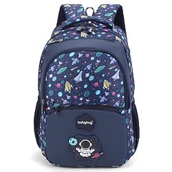 Babyhug 16 Inches Galaxy Astronaut Theme Backpack | 2 Main Compartments, 3 Front Pockets, 2 Side Bottle Pockets | Water Resistant | Durable Zippers | For School, Travel & Outdoors | Blue