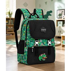 Babyhug 16 Inches Dino Theme Snappy Backpack | 2 Main Compartments, 2 Front Pockets, 2 Side Bottle Pockets | Water Resistant | Durable Zippers | For School, Travel & Outdoors | Green Black