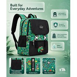 Babyhug 16 Inches Dino Theme Snappy Backpack | 2 Main Compartments, 2 Front Pockets, 2 Side Bottle Pockets | Water Resistant | Durable Zippers | For School, Travel & Outdoors | Green Black