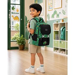 Babyhug 16 Inches Dino Theme Snappy Backpack | 2 Main Compartments, 2 Front Pockets, 2 Side Bottle Pockets | Water Resistant | Durable Zippers | For School, Travel & Outdoors | Green Black