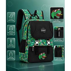 Babyhug 16 Inches Dino Theme Snappy Backpack | 2 Main Compartments, 2 Front Pockets, 2 Side Bottle Pockets | Water Resistant | Durable Zippers | For School, Travel & Outdoors | Green Black