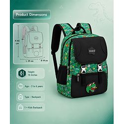 Babyhug 16 Inches Dino Theme Snappy Backpack | 2 Main Compartments, 2 Front Pockets, 2 Side Bottle Pockets | Water Resistant | Durable Zippers | For School, Travel & Outdoors | Green Black