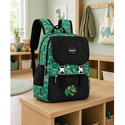 Babyhug 16 Inches Dino Theme Snappy Backpack | 2 Main Compartments, 2 Front Pockets, 2 Side Bottle Pockets | Water Resistant | Durable Zippers | For School, Travel & Outdoors | Green Black