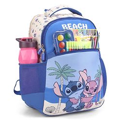 Babyhug Disney Stitch Beach Days Backpack | 2 Main Compartments, 1 Front Pocket, 2 Side Bottle Pockets | Water Resistant | Durable Zippers | For School & Outdoors - 16 Inches | Blue White
