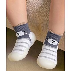 Cute Walk by Babyhug Slip On Sock Shoes With Stripes & Bear Print - White & Grey