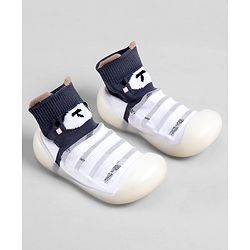 Cute Walk by Babyhug Slip On Sock Shoes With Stripes & Bear Print - White & Grey