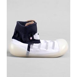 Cute Walk by Babyhug Slip On Sock Shoes With Stripes & Bear Print - White & Grey