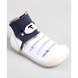 Cute Walk by Babyhug Slip On Sock Shoes With Stripes & Bear Print - White & Grey