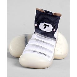 Cute Walk by Babyhug Slip On Sock Shoes With Stripes & Bear Print - White & Grey