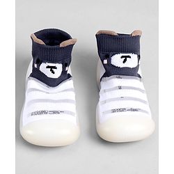 Cute Walk by Babyhug Slip On Sock Shoes With Stripes & Bear Print - White & Grey