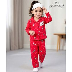 Babyhug Disney Single Jersey Knit Full Sleeves Co-ords Night Suit With Marie Graphics - Red