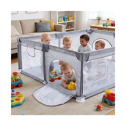 Babyhug Smart Portable Playpen with Safety Lock & Play Fence  Grey| Spacious Baby Play Area| Foldable Panels| Indoor & Outdoor Use| Easy to Assemble| Safe Play Zone for Babies & Toddlers