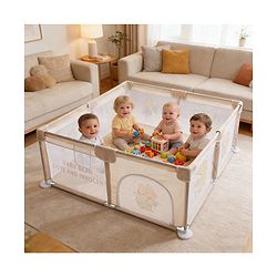 Babyhug Playpen & Play Yard  Yellow| 150 x 180 cm Large Play Area| Zipper Door & Toy Pouch| Foldable Indoor & Outdoor Playpen| Safe & Sturdy| for 05 Years Boys & Girls| Easy to Assemble