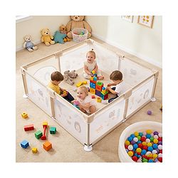 Babyhug Playpen & Play Yard  Khaki| 150 x 180 cm Large Play Area| Zipper Door & Toy Pouch| Foldable Indoor & Outdoor Playpen| Safe & Sturdy| for 05 Years Boys & Girls| Easy to Assemble