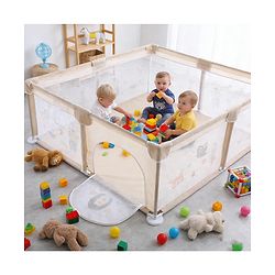 Babyhug Playpen & Play Yard  Khaki| 150 x 180 cm Large Play Area| Zipper Door & Toy Pouch| Foldable Indoor & Outdoor Playpen| Safe & Sturdy| for 05 Years Boys & Girls| Easy to Assemble