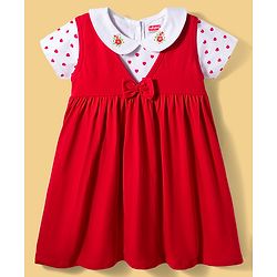 Babyhug Single Jersey Knit Half Sleeves Heart Printed T-Shirt & Frock with Bow Applique - Red