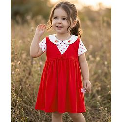 Babyhug Single Jersey Knit Half Sleeves Heart Printed T-Shirt & Frock with Bow Applique - Red