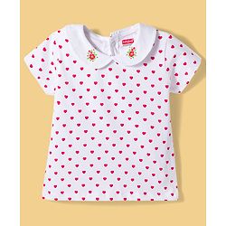 Babyhug Single Jersey Knit Half Sleeves Heart Printed T-Shirt & Frock with Bow Applique - Red