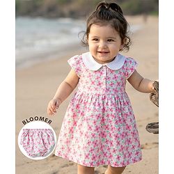 Babyhug Single Jersey Knit Cap Sleeves Floral Printed Frock with Bloomer - Pink