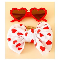 Babyhug Free Size Hearts Printed Headband With Bow Applique & Sunglasses - Red