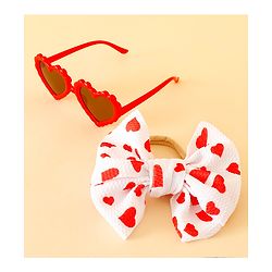 Babyhug Free Size Hearts Printed Headband With Bow Applique & Sunglasses - Red