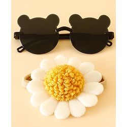 Babyhug Free Size Headband With Floral Applique & Animal Shaped Sunglasses - White & Black