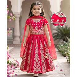 Babyhug Net Woven Half Sleeves Choli Lehenga & Dupatta Set With Floral Embroidery - Red