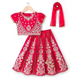 Babyhug Net Woven Half Sleeves Choli Lehenga & Dupatta Set With Floral Embroidery - Red