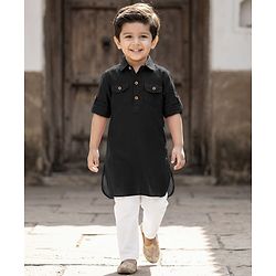 Babyhug Cotton Linen Woven Full Sleeves Solid Color Pathani Kurta Pajama Set - Black