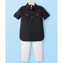 Babyhug Cotton Linen Woven Full Sleeves Solid Color Pathani Kurta Pajama Set - Black