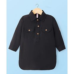 Babyhug Cotton Linen Woven Full Sleeves Solid Color Pathani Kurta Pajama Set - Black