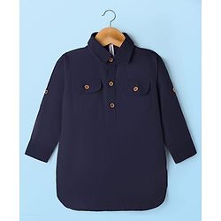 Babyhug Cotton Linen Woven Full Sleeves Solid Color Pathani Kurta Pajama Set - Navy Blue