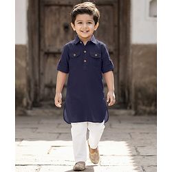 Babyhug Cotton Linen Woven Full Sleeves Solid Color Pathani Kurta Pajama Set - Navy Blue