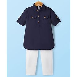 Babyhug Cotton Linen Woven Full Sleeves Solid Color Pathani Kurta Pajama Set - Navy Blue
