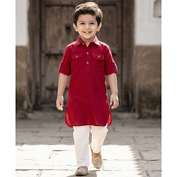 Babyhug Cotton Linen Woven Full Sleeves Solid Color Pathani Kurta Pajama Set - Maroon