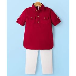 Babyhug Cotton Linen Woven Full Sleeves Solid Color Pathani Kurta Pajama Set - Maroon
