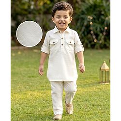 Babyhug Cotton Linen Woven Full Sleeves Pathani Kurta Pajama Set - Off White
