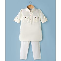 Babyhug Cotton Linen Woven Full Sleeves Pathani Kurta Pajama Set - Off White