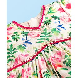 Babyhug Cotton Woven Half Sleeves Floral Printed Kurta & Palazo Set With Dupatta - White