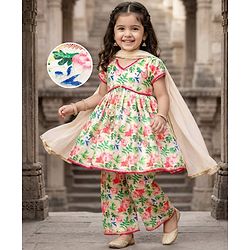 Babyhug Cotton Woven Half Sleeves Floral Printed Kurta & Palazo Set With Dupatta - White