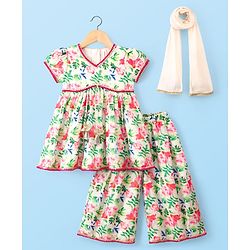 Babyhug Cotton Woven Half Sleeves Floral Printed Kurta & Palazo Set With Dupatta - White
