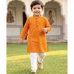 Babyhug Cambric Woven Full Sleeves Kurta Pajama Set with Motif Print- Mustard