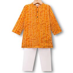 Babyhug Cambric Woven Full Sleeves Kurta Pajama Set with Motif Print- Mustard