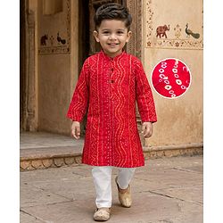 Babyhug Cambric Woven Full Sleeves Kurta Pajama Set with Motif Print- Red