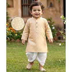 Babyhug Cambric Woven Full Sleeves Kurta Dhoti Set with Triangle Print - Beige