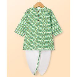 Babyhug Cambric Woven Full Sleeves Kurta Dhoti Set With Leaf Print - White