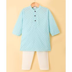 Babyhug Cambric Woven Full Sleeves Hakkoba Embroidered Kurta Pyjama Set - Light Blue
