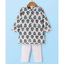 Babyhug Cambric Woven Full Sleeves Kurta Pajama Set with Floral Print - White