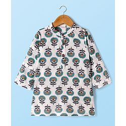 Babyhug Cambric Woven Full Sleeves Kurta Pajama Set with Floral Print - White